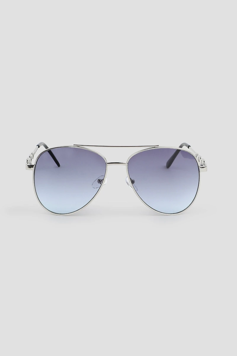 Ardene Aviator Sunglasses with Chain Temples in Silver