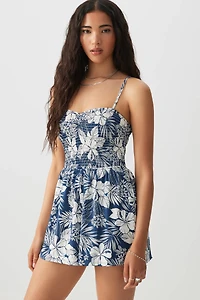 Ardene Floral Smocked Bodice Romper in Dark Blue | Size Small | Polyester/Spandex