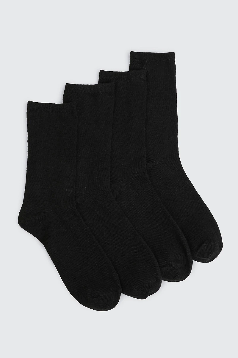 Ardene 4-Pack Solid Crew Socks in Black | Polyester/Elastane