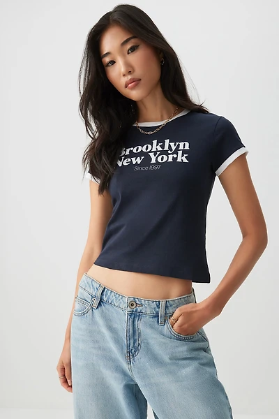 Ardene Destination Ringer T-Shirt in Dark Blue | Size | 100% Cotton