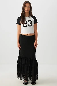 Ardene Lace Tiered Midi Skirt in Black | Size | Nylon/Spandex