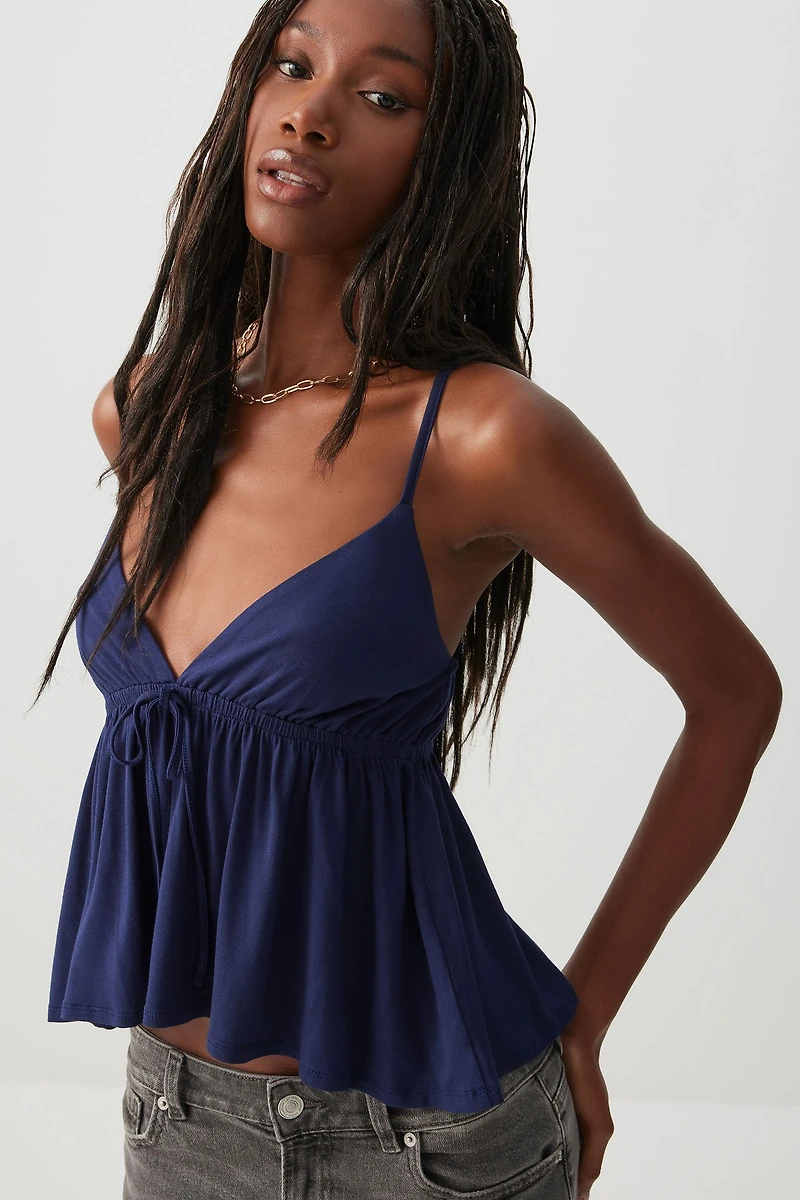 Ardene Plunge Babydoll Tank Top in Dark Blue | Size | Rayon/Spandex