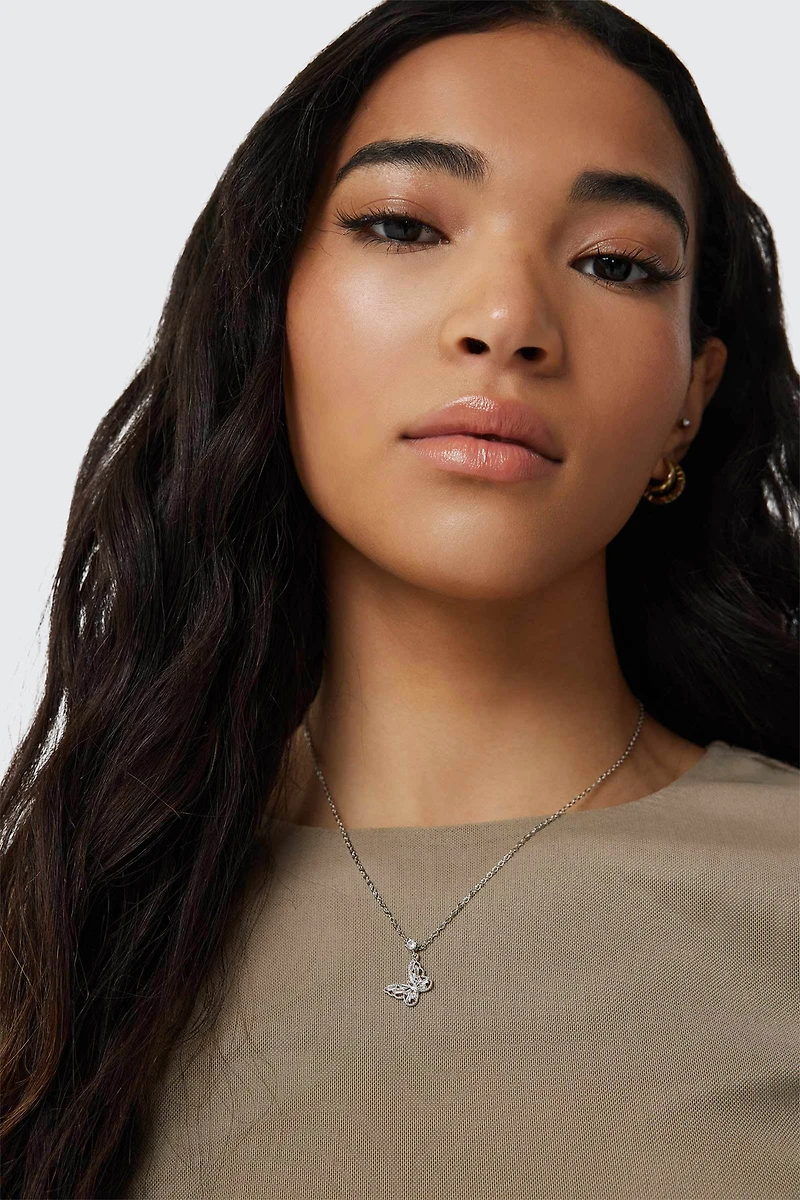 Ardene 14K White Gold Plated Butterfly Necklace in Silver