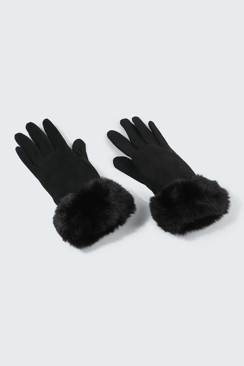Ardene Faux Suede Gloves with Faux Fur Cuffs in Black | Polyester