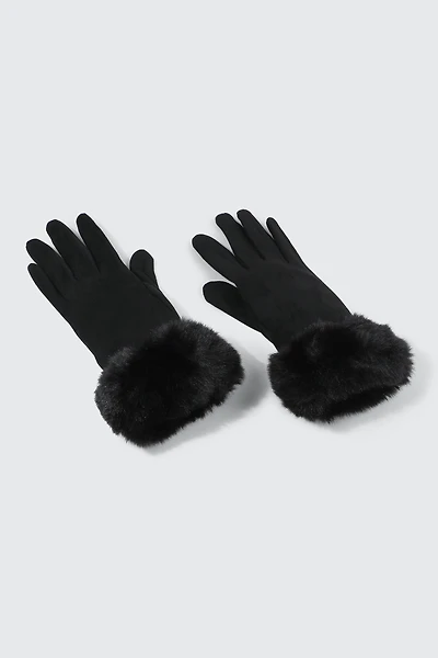 Ardene Faux Suede Gloves with Faux Fur Cuffs in Black | Polyester