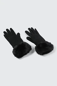 Ardene Faux Suede Gloves with Faux Fur Cuffs in Black | Polyester