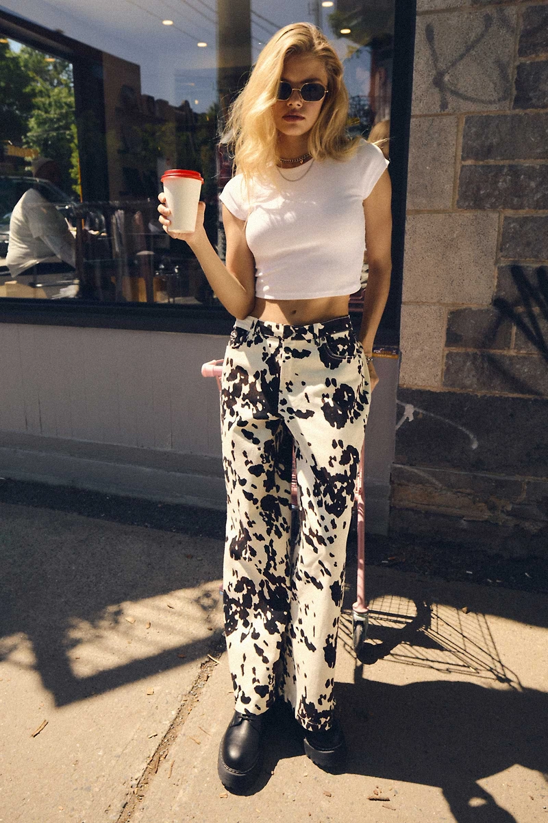 Ardene Cow Print Wide Leg Pants in Brown | Size | Spandex/Cotton