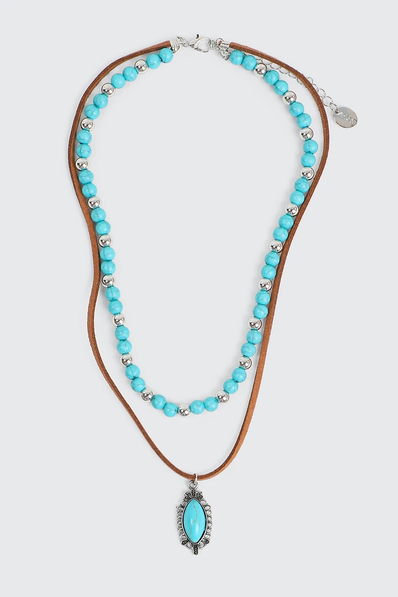 Ardene 2-Row Bead & Cord Necklace with Turquoise Stone in Medium Green