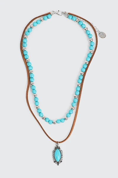 Ardene 2-Row Bead & Cord Necklace with Turquoise Stone in Medium Green