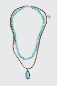 Ardene 2-Row Bead & Cord Necklace with Turquoise Stone in Medium Green