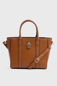 Ardene Faux Leather Tote Bag with Padlock Detail in Cognac | 100% Recycled Polyester/Faux Leather | Eco-Conscious