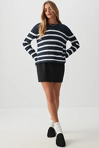 Ardene Striped Crew Neck Sweater in Dark Blue | Size | Polyester