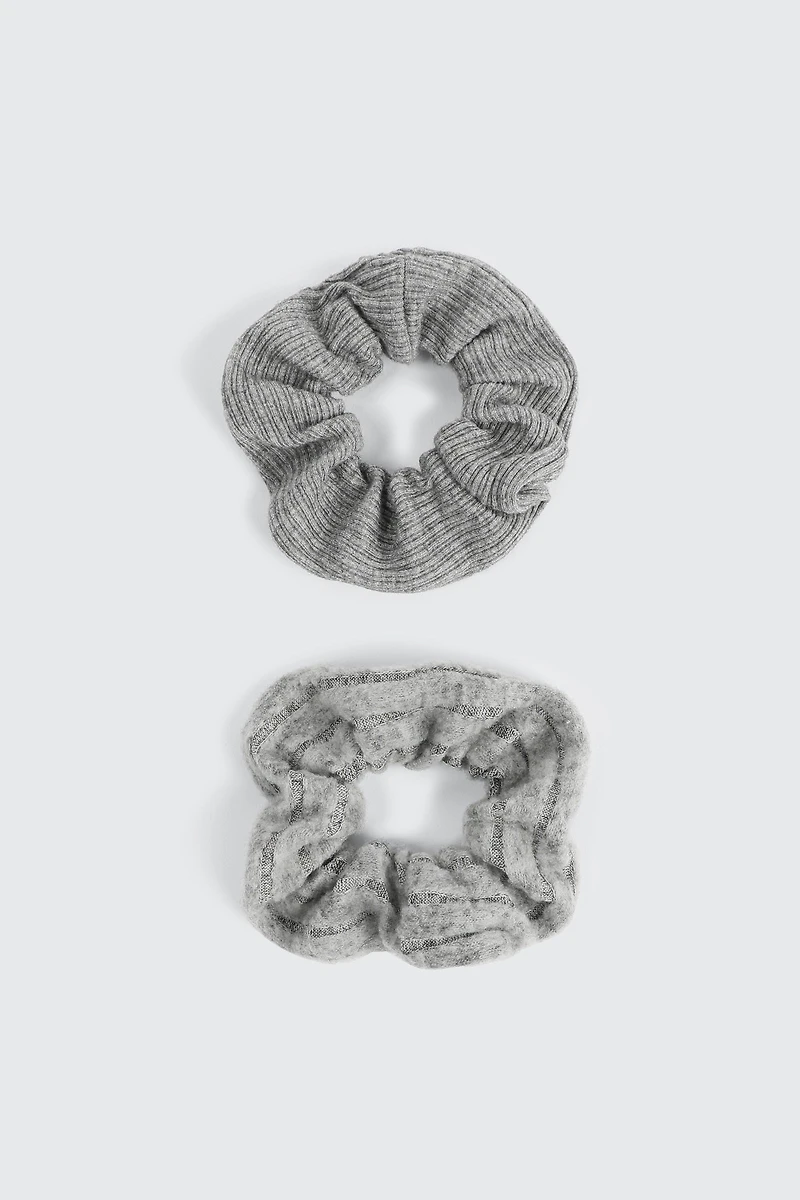 Ardene 2-Pack Super Soft Rib Scrunchies in Grey | Polyester/Elastane