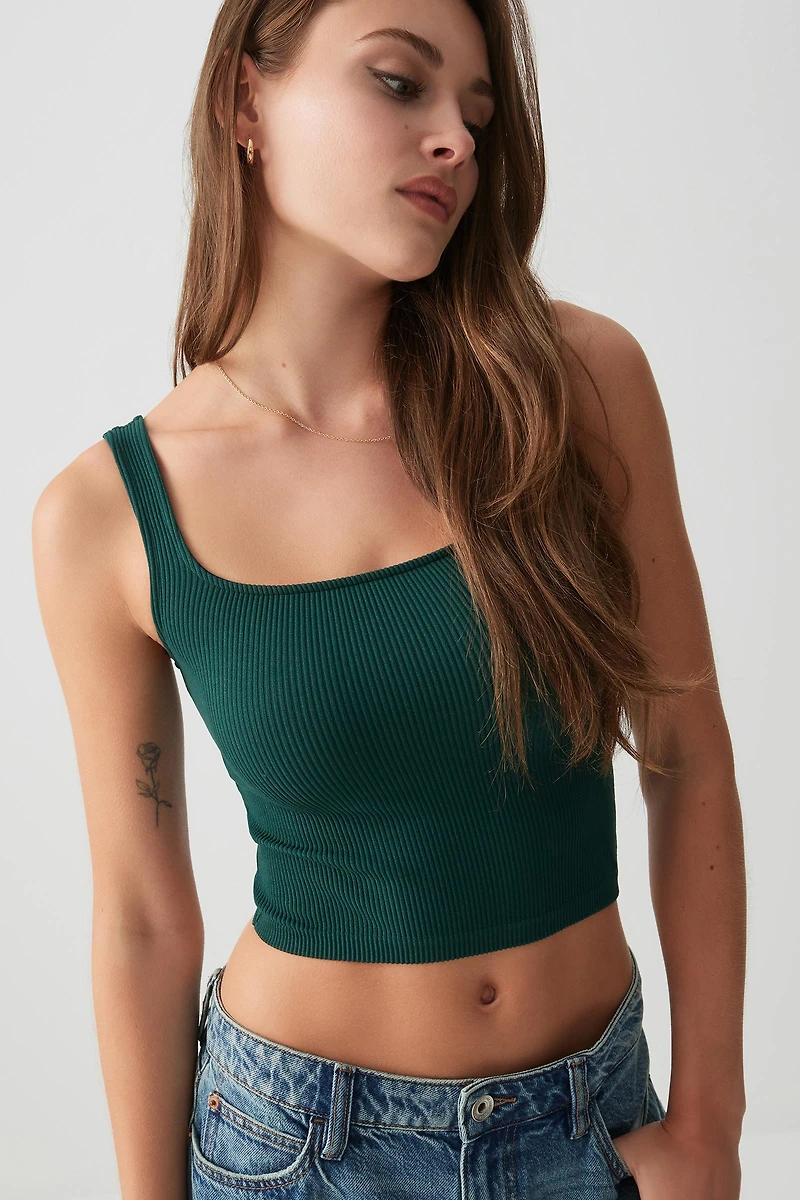 Ardene Basic Crop Seamless Tank Top in Dark Green | Size | Nylon/Elastane | Eco-Conscious