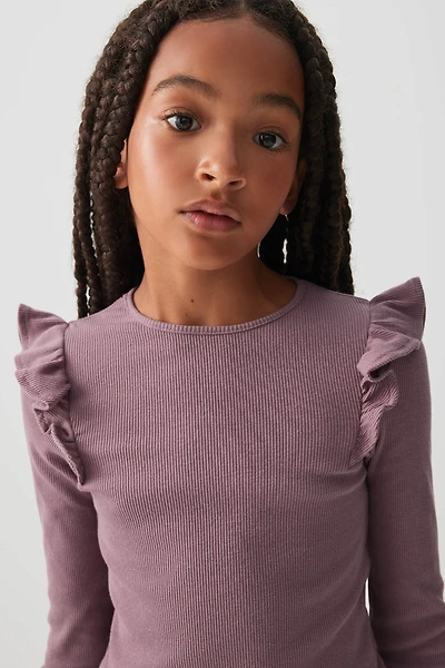 Ardene Kids Long Sleeve Ruffle Shoulder Top in Medium Purple | Size | Polyester/Cotton/Elastane