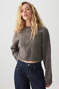 Ardene Crop Cable Knit Sweater in Brown | Size | Polyester | Eco-Conscious