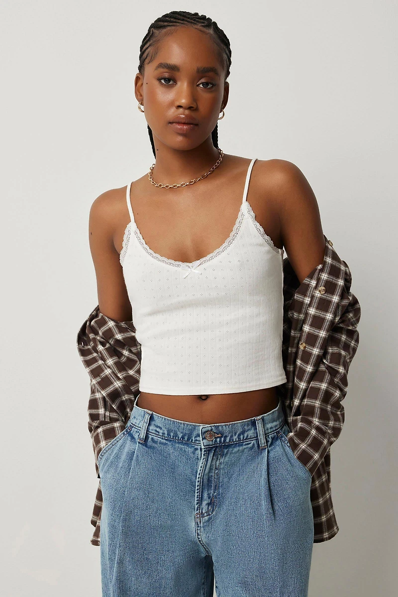 Ardene Pointelle Lace Trim Tank in White | Size | 100% Cotton