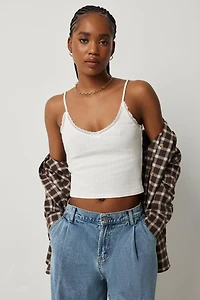 Ardene Pointelle Lace Trim Tank in White | Size | 100% Cotton