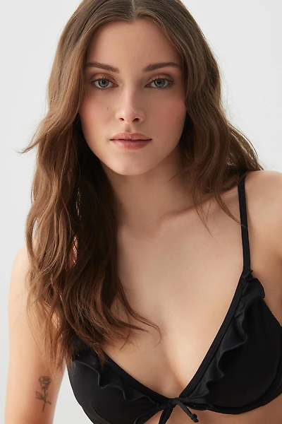 Ardene Bikini Top with Frills & Bow in Black | Size | Polyester/Nylon/Spandex | Microfiber