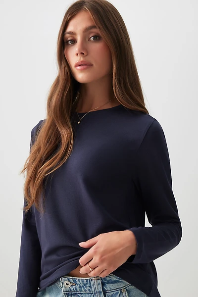 Ardene Basic Long Sleeve T-Shirt in Dark Blue | Size | Cotton/Elastane | Eco-Conscious