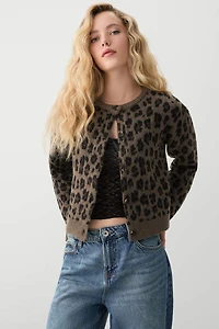 Ardene Leopard Crew Neck Cardigan in Brown | Size | Polyester/Elastane