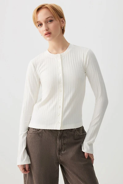 Ardene Rib Crew Neck Cardigan in Off-White | Size | Polyester/Elastane