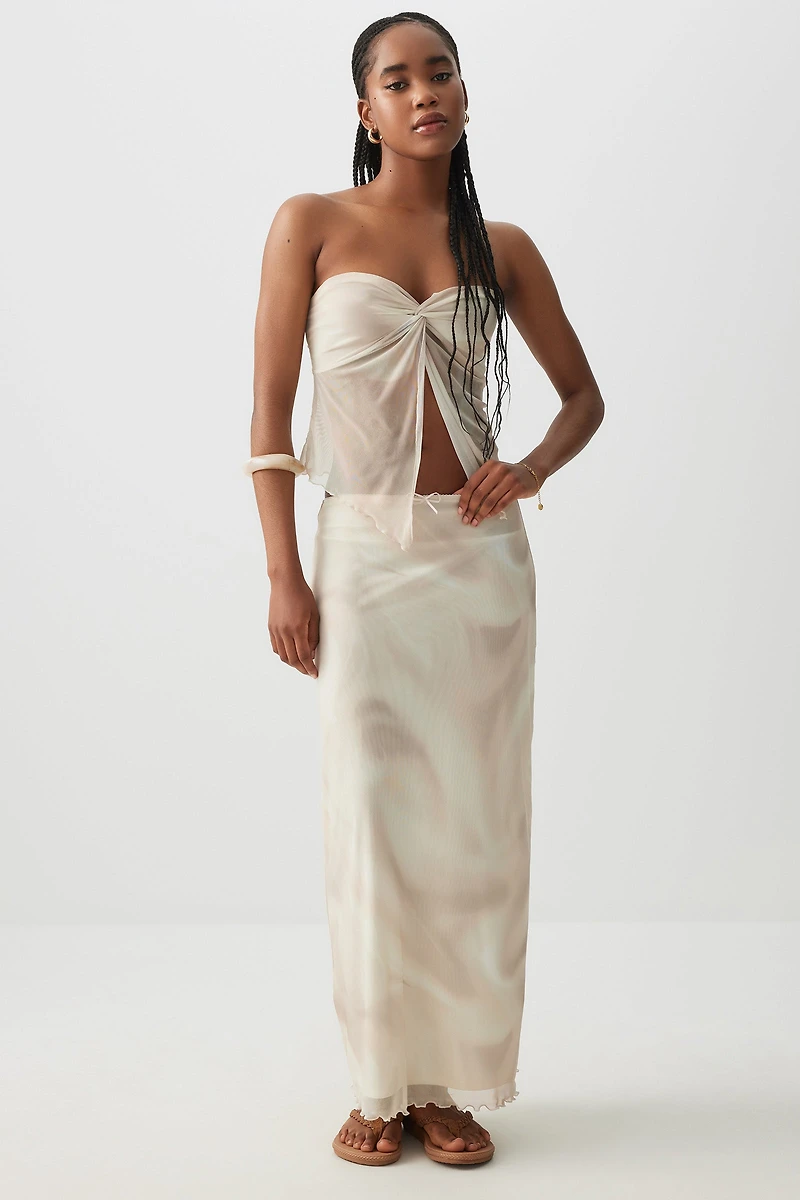 Ardene Mesh Maxi Skirt in Beige | Size Large | Polyester/Spandex
