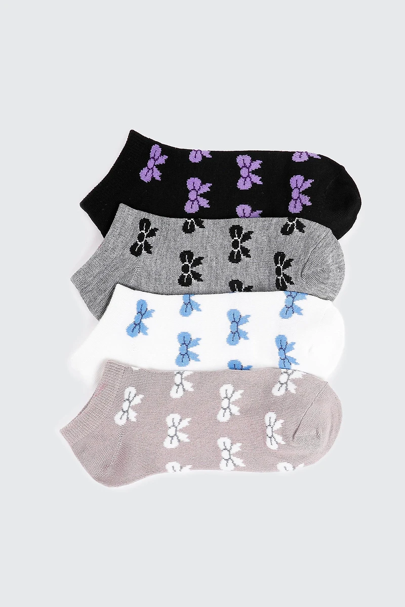 Ardene 4-Pack Bow Print Ankle Socks | Polyester/Spandex