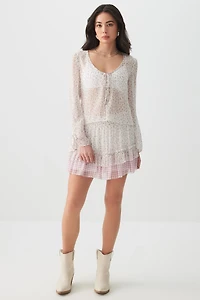 Ardene Floral Mini Tiered Skirt in White | Size Medium | Polyester