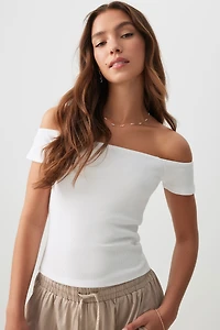 Ardene Ribbed Off Shoulder Top in White | Size | Cotton/Elastane