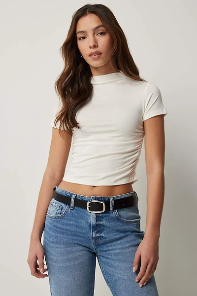 Ardene Ruched Side High Neck T-Shirt in White | Size | Elastane/Viscose