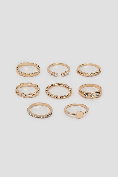 Ardene 8-Pack Embellished Celestial Rings in Gold | Size Small