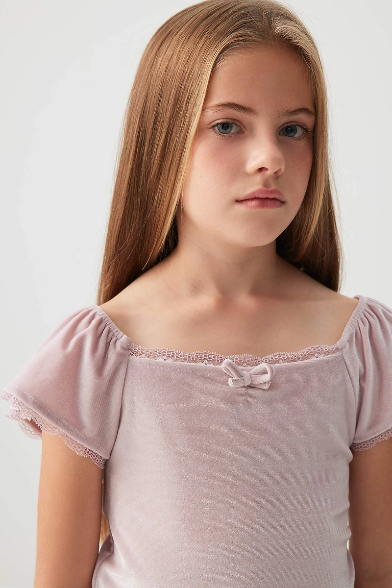 Ardene Kids Velvet Top with Lace Details in Light Pink | Size | Polyester/Elastane