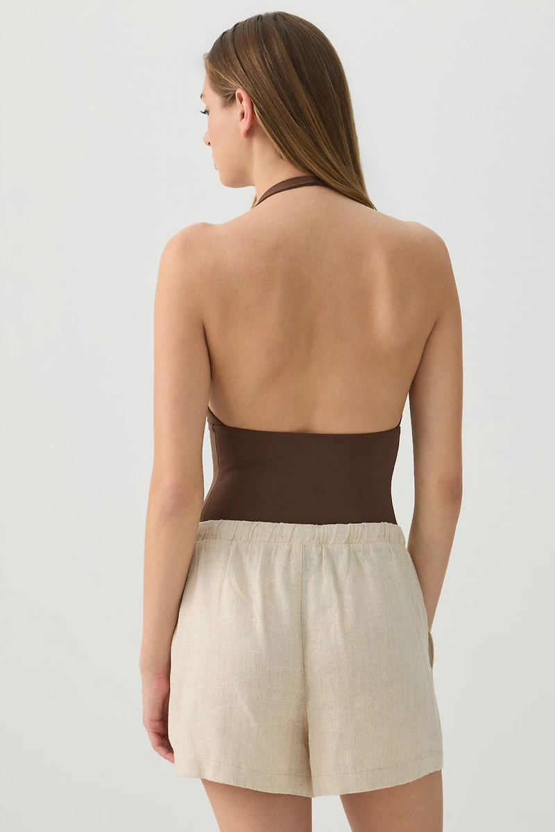 Short à taille mi-haute en mélange de lin