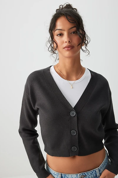 Ardene Crop V-Neck Cardigan in Dark Grey | Size | Polyester/Nylon/Viscose