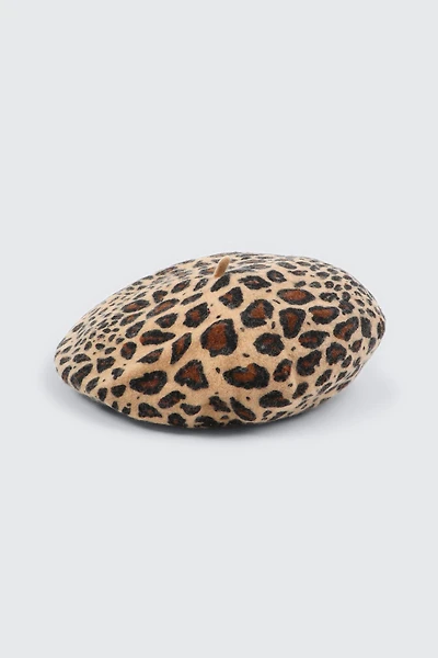 Ardene Leopard Wool Blend Beret in Beige | Polyester