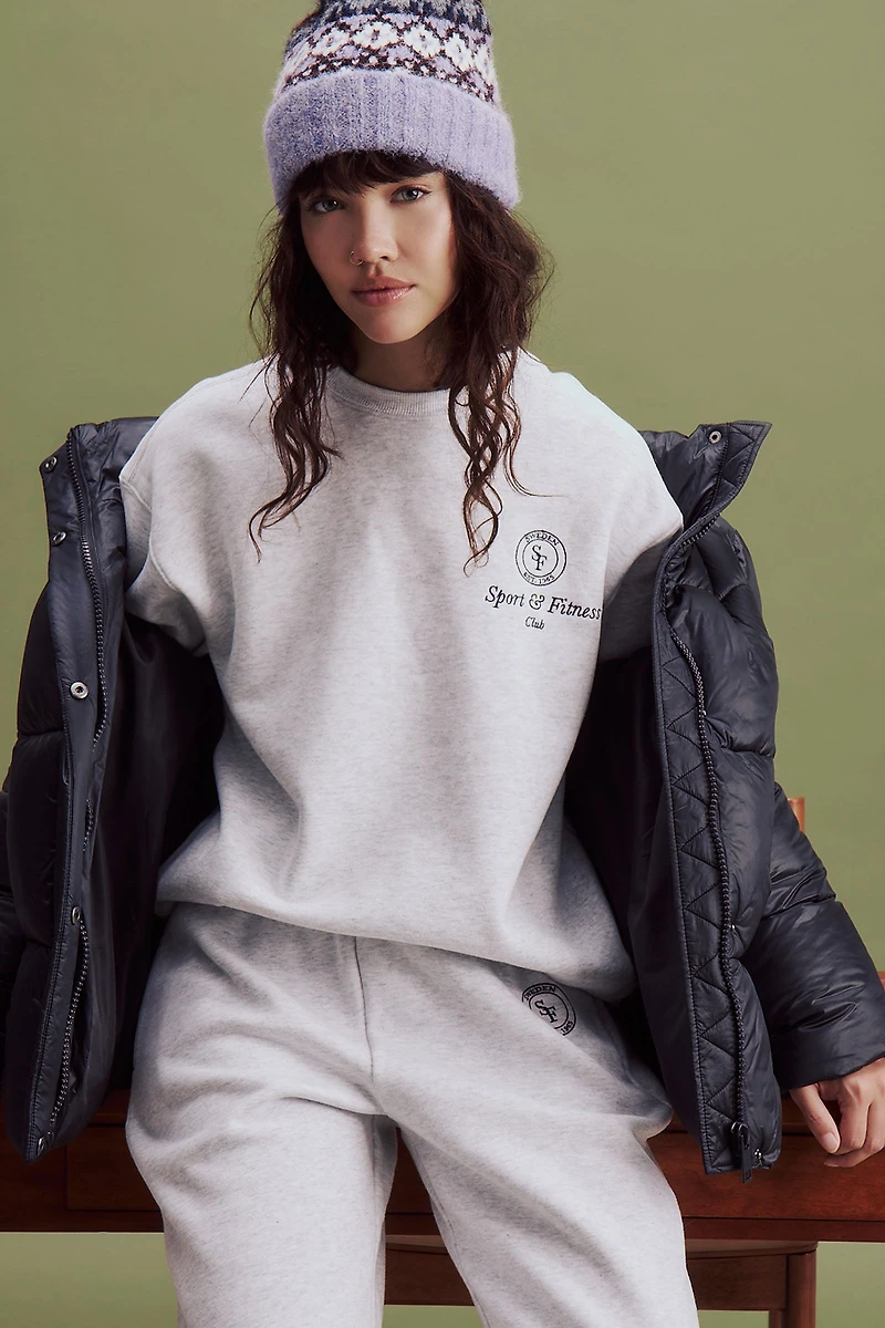 Ardene Embroidered Relaxed Sweatshirt in Light Grey | Size | Polyester/Cotton | Fleece-Lined