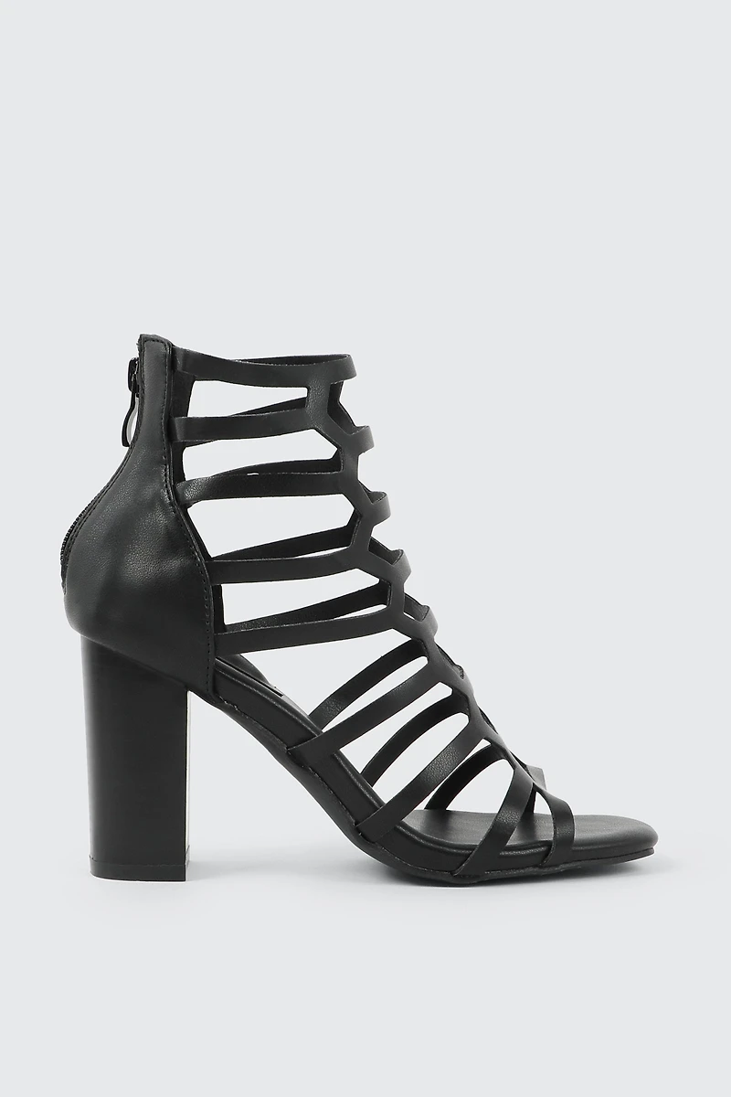 Ardene High Heel Cage Sandals in Black | Size | Faux Leather | Eco-Conscious