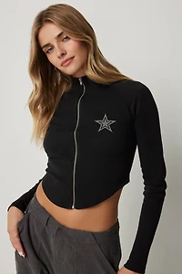 Ardene Crop Graphic Zip-Up Cardigan in Black | Size Large | 100% Cotton