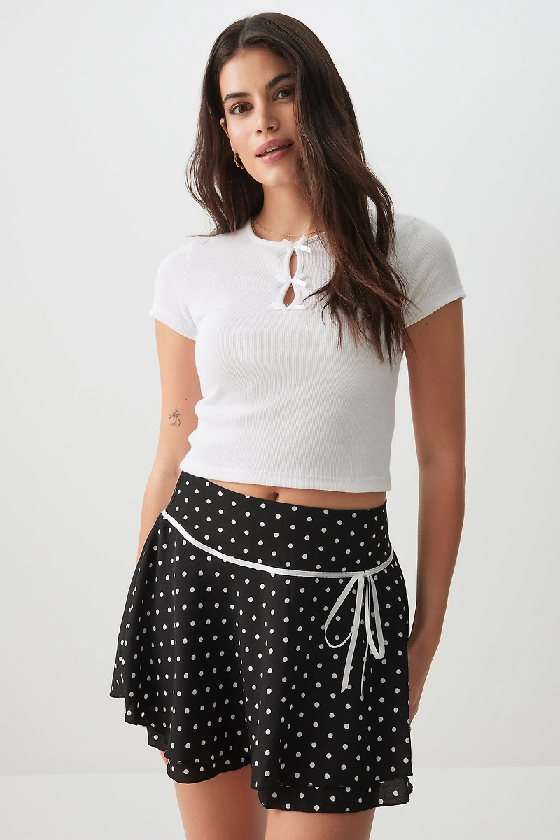 Ardene Crop Rib T-Shirt with Bows in White | Size Large | Polyester/Cotton/Elastane