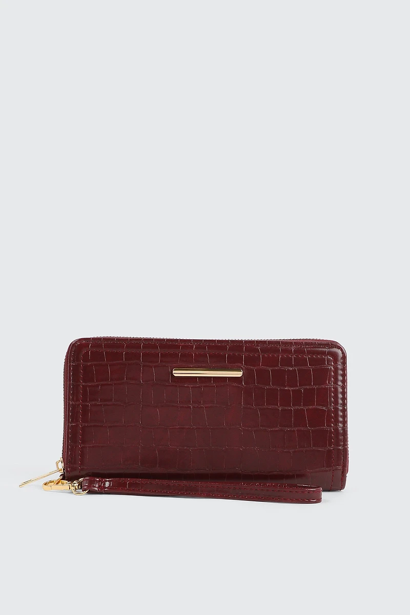 Ardene Croc Embossed Accordion Wallet in Burgundy | 100% Recycled Polyester/Faux Leather | Eco-Conscious