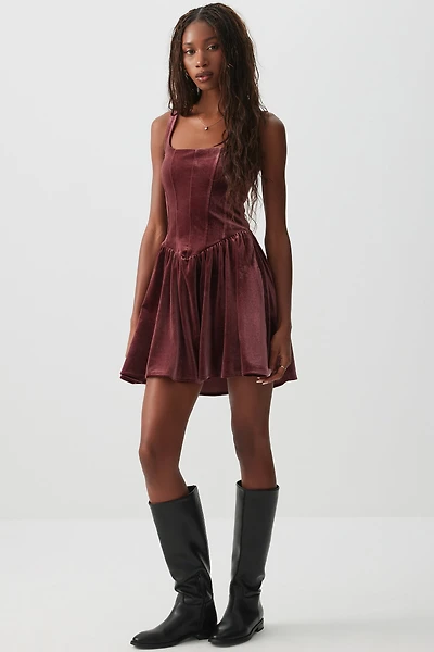 Ardene Velvet Bustier Mini Dress in Burgundy | Size | Polyester/Spandex