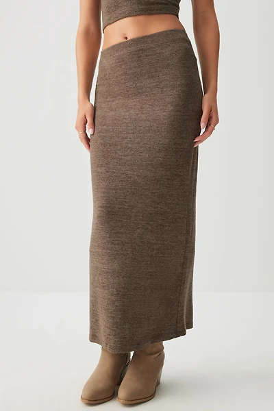 Ardene Brushed Knit Maxi Skirt in Brown | Size Large | Polyester/Rayon/Elastane