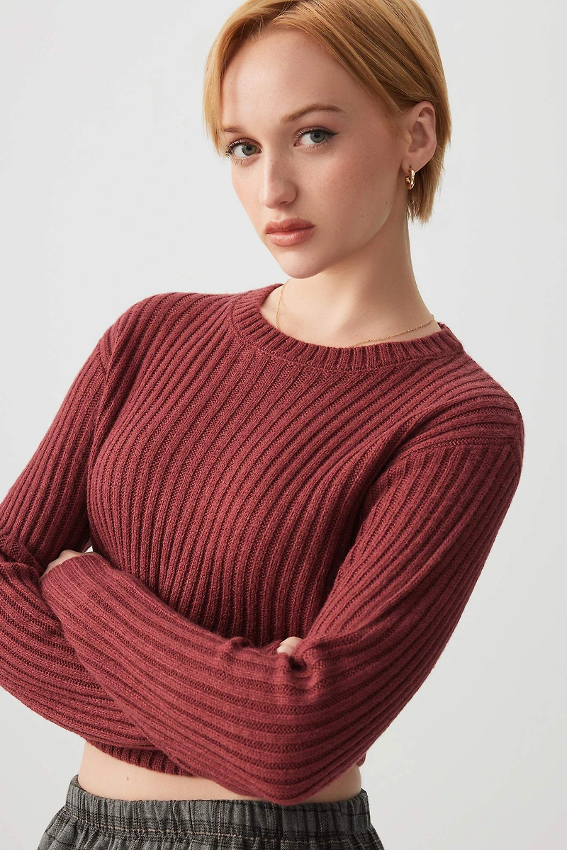 Ardene Crop Crew Neck Sweater in Burgundy | Size