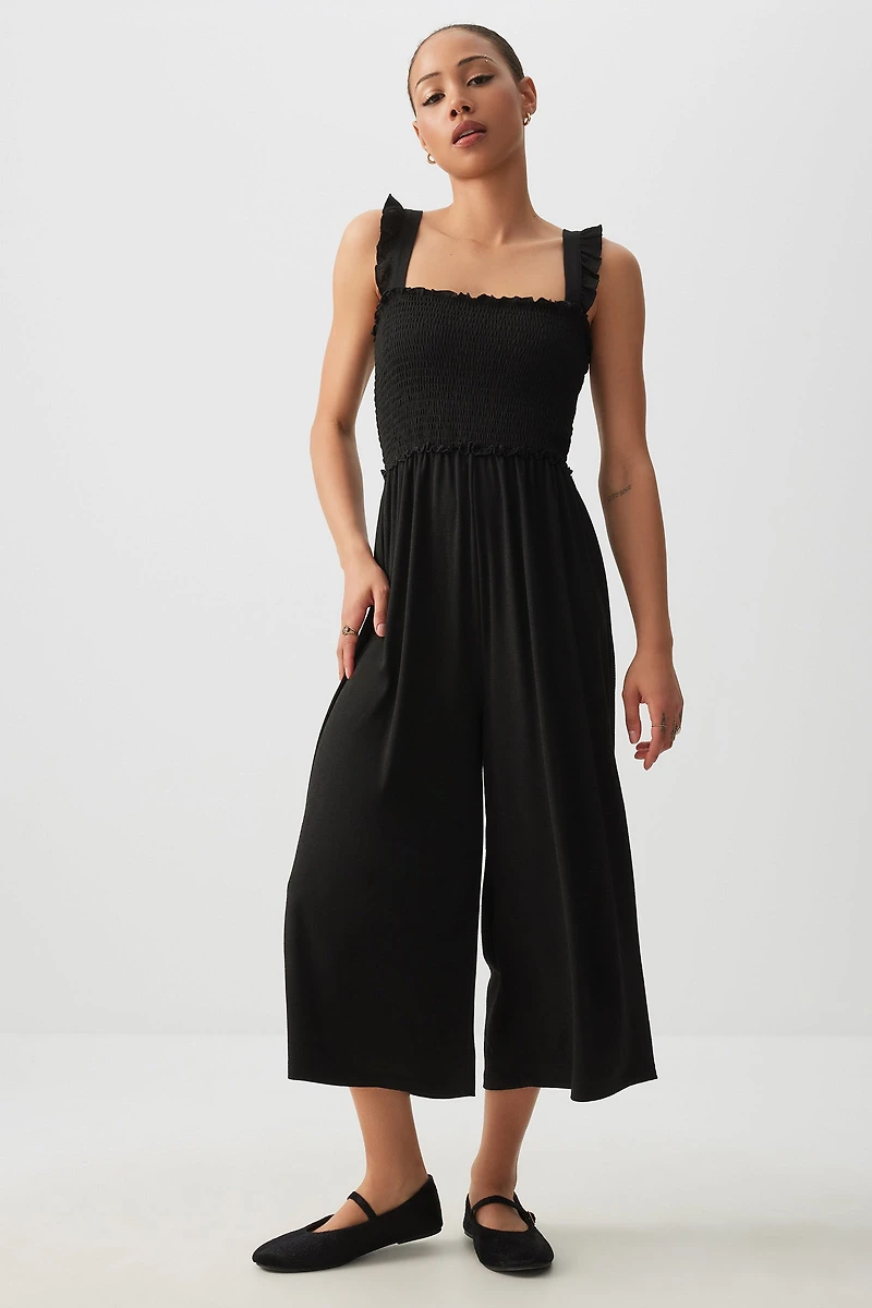 Ardene Ruffle Strap 7/8 Jumpsuit in Black | Size | Polyester/Elastane