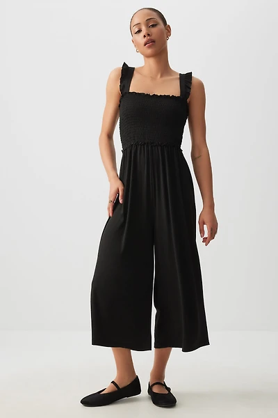 Ardene Ruffle Strap 7/8 Jumpsuit in Black | Size | Polyester/Elastane