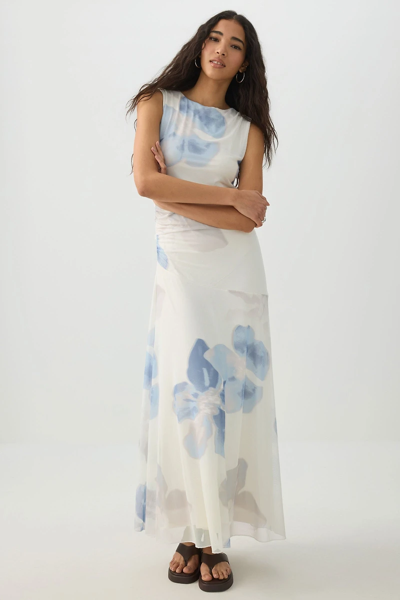 Ardene High Neck Mesh Flowy Dress in Off-White | Size | Polyester/Elastane/Viscose