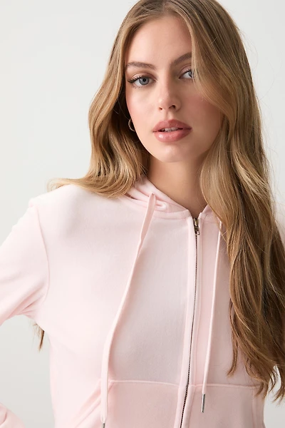 Ardene Velvet Zip Up Hoodie in Light Pink | Size | Polyester/Elastane | Eco-Conscious