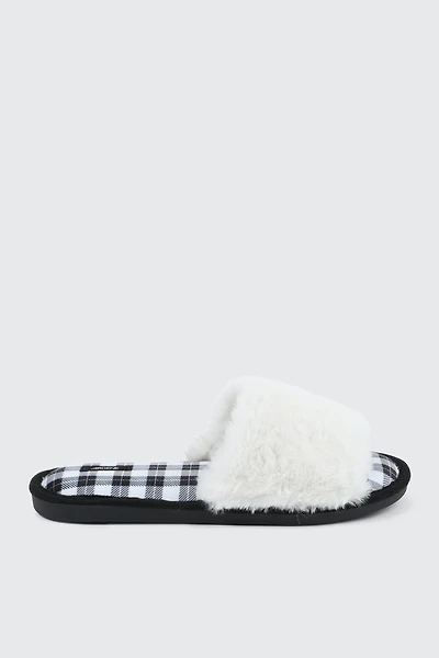 Ardene Plaid Faux Fur Slippers in White | Size