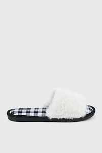 Ardene Plaid Faux Fur Slippers in White | Size